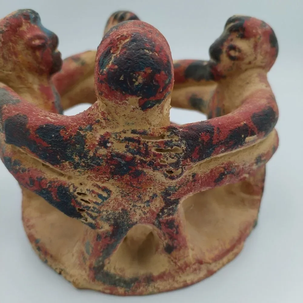 Pottery People Friends Holding Arms Circle Candle Holder Votive Tea Light Tribal
